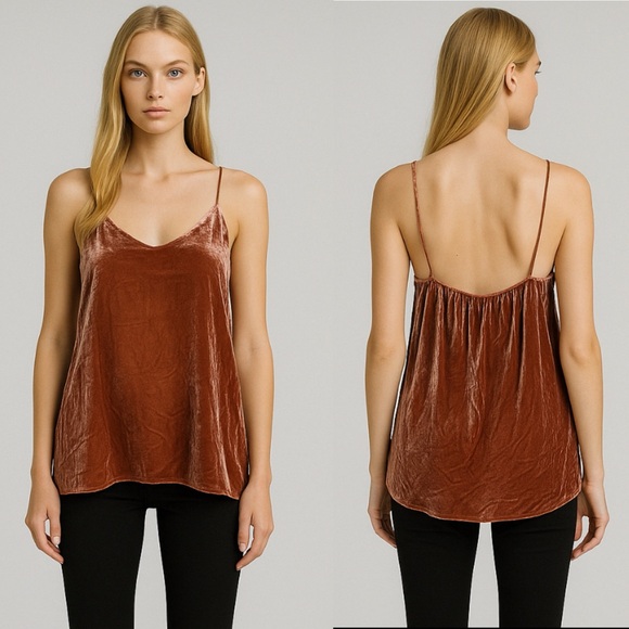 caara Tops - CAARA 100% Silk Crushed Velvet Spaghetti Strap Cami Camisole Top In Rust M